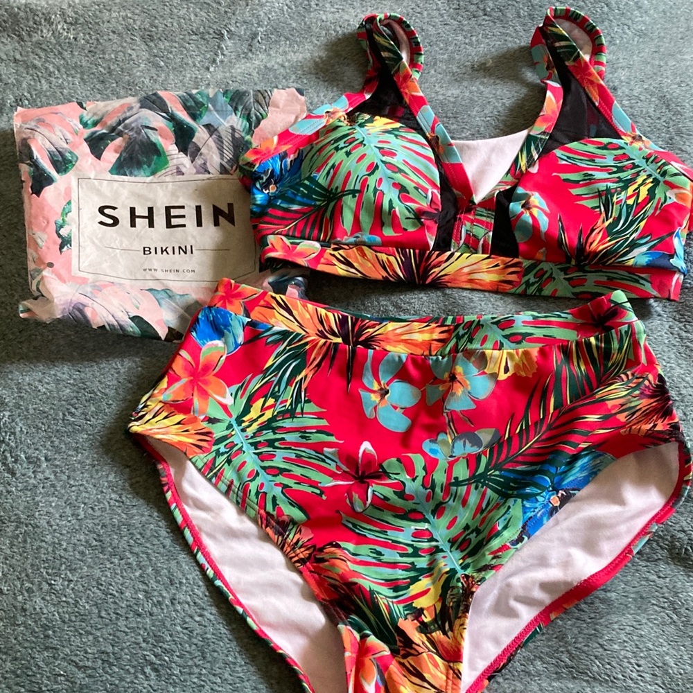 SHEIN Red Tropical Floral High Waist Bikini Set